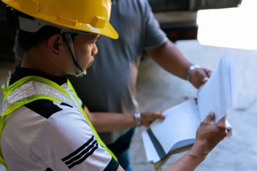 Matlex Builders site engineer in safety gear reviewing construction plans during on-site inspection.